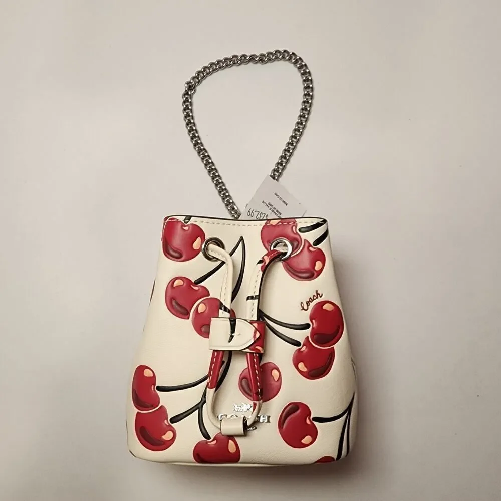 NWT COACH CZ030 Drawstring Wristlet With Cherry Print Chalk Multi
